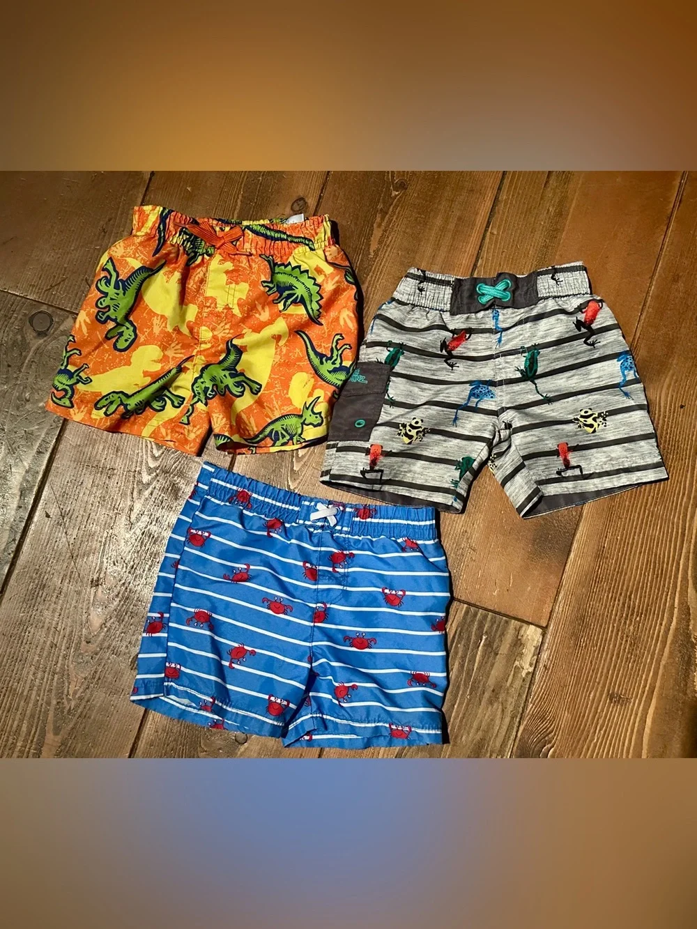 3, Toddler swim trunks, Sz 12 mo to 18 mo Frogs, Dinosaur, Crabs designs on each
